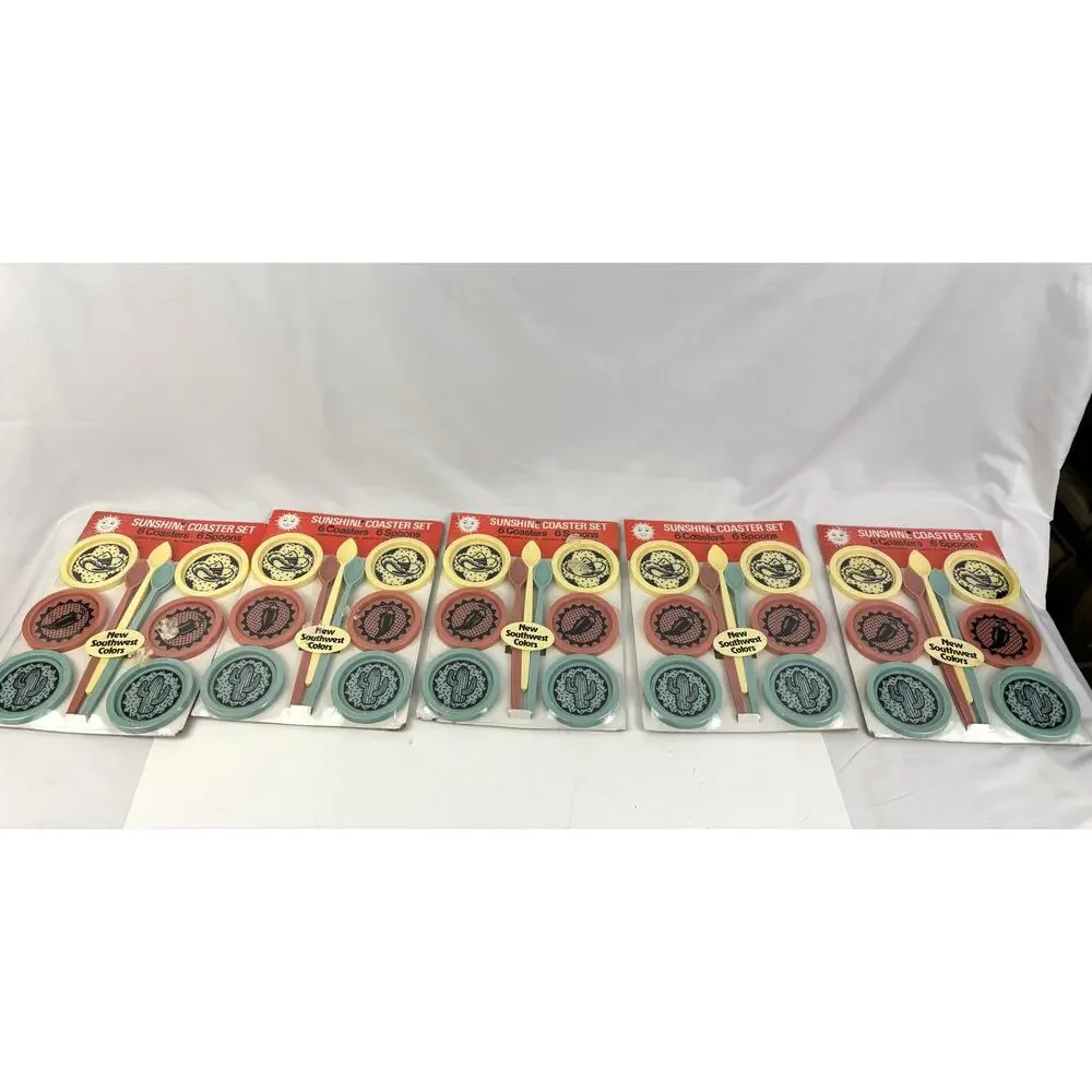 VTG 70s 80s‎ Sunshine Coaster Set (6) & Spoons Plastic NIB NOS Southwest Colors